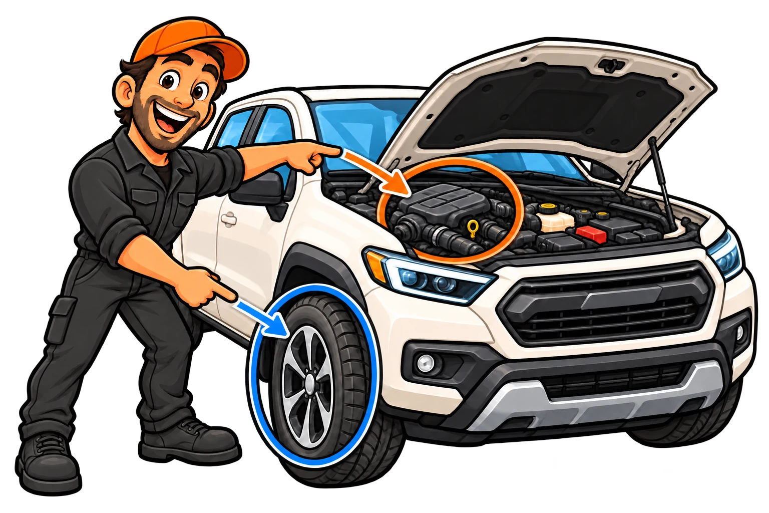 A friendly mechanic points to the open engine bay and front tire of a white pickup truck.